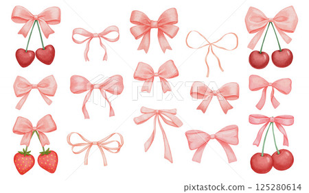 Coquette pink bow drawings set, isolated watercolor illustration, cute red lace ribbon and cherry Coquette pink bow drawings set, isolated watercolor illustration, cute red lace ribbon and cherry 125280614