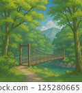 Mountain path and suspension bridge with fresh greenery 125280665