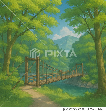 綠意盎然的山路和吊橋 125280665