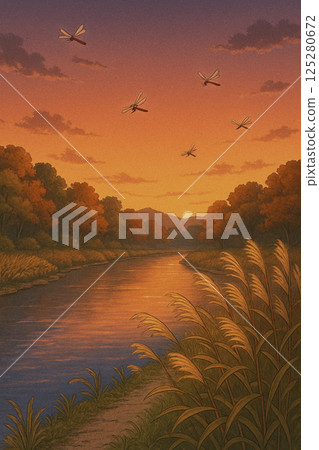 Susuki grass and autumn riverbank 125280672