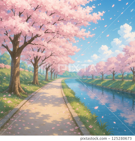 櫻花樹和河畔小路 125280673