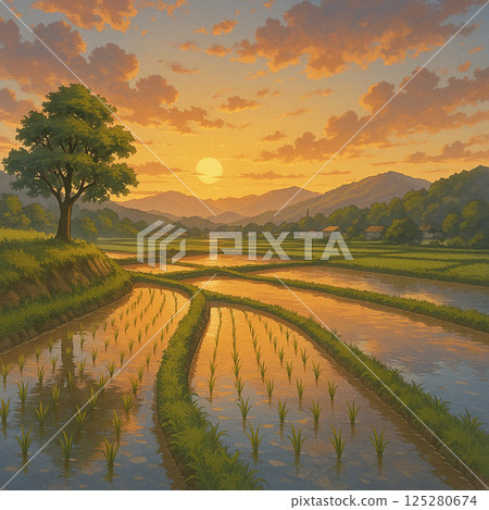 在稻田的日落天空 125280674