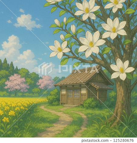Old house and magnolia flowers in spring 125280676