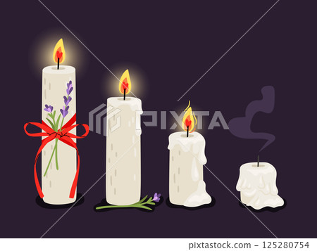 Stages of burning candle with bow and lavender. Extinguished candle vector illustration. Melting candles with dripping wax Stages of burning candle with bow and lavender. Extinguished candle vector illustration. Melting candles with dripping wax 125280754