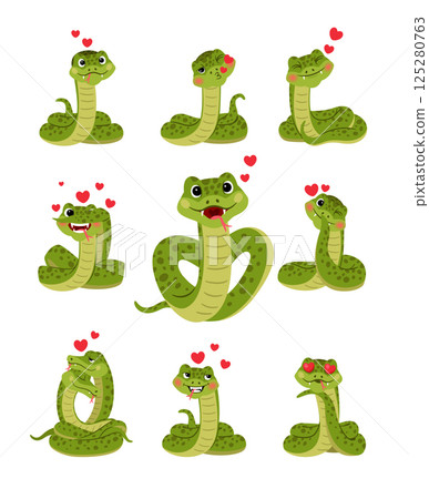 Set of happy funny in love snakes characters with hearts, isolated vector illustration 125280763
