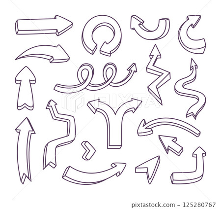 Set of hand drawn arrows. Sketch arrow design in doodle style for education and business plan Set of hand drawn arrows. Sketch arrow design in doodle style for education and business plan 125280767