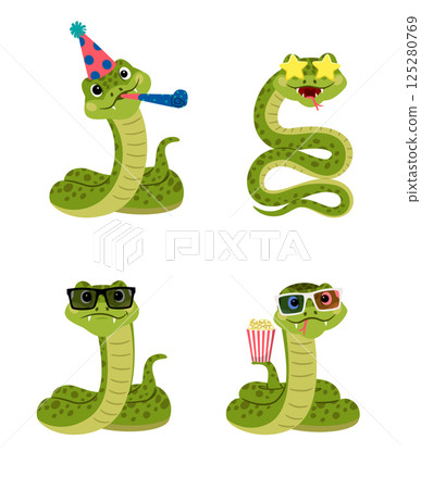 Set of funny snakes with glasses and other different accessories 125280769