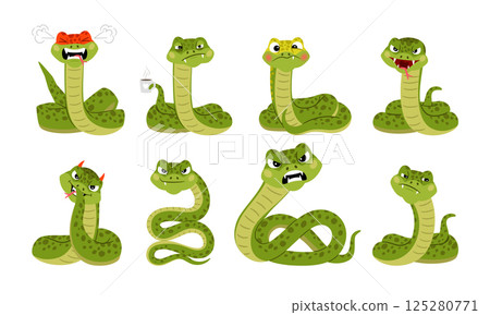 Set of funny cartoon angry snakes characters, isolated vector illustration Set of funny cartoon angry snakes characters, isolated vector illustration 125280771