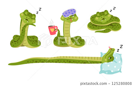 Set of cartoon green sleepy snakes in various poses 125280808