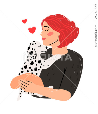 Kind woman hugs puppy. Relaxing friendship of kid and pet with hearts isolated on white background, vector illustration 125280866