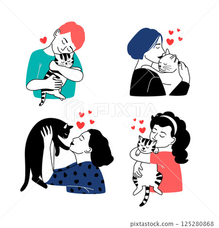 Kind owners and happy pets set. People love and hug dogs and cats, vector collection isolated on white background 125280868