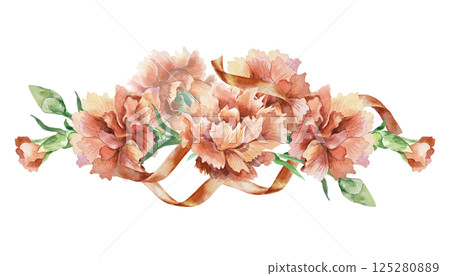 Red carnations, horizontal banner. Hand drawn watercolor illustration isolated on white. For Mothers Day, Birthday, Revolution, Remembrance, Victory greeting cards, invitations, posters, labels. 125280889