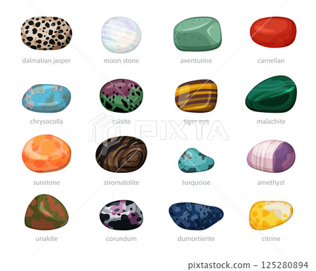 Colorful mineral stones collection, isolated semi precious gemstones set, vector illustration Colorful mineral stones collection, isolated semi precious gemstones set, vector illustration 125280894