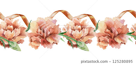 Red carnations and ribbon, seamless border. Hand drawn watercolor illustration isolated on white. For Mothers Day, Birthday, Revolution, Remembrance, Victory greeting cards, invitations, posters. 125280895