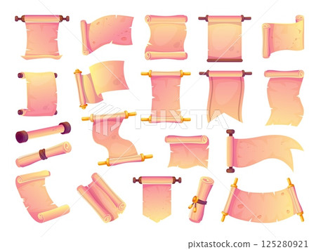 Cartoon parchment scrolls. Old paper scroll, ancient egypt papyrus parchments scroll treasure map vintage diploma document medieval adventure game asset, swanky vector illustration 125280921