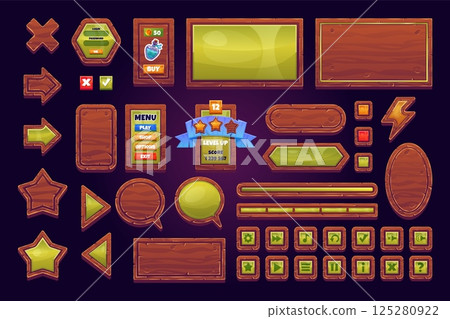 Wood game interface. Gui buttons board panels wooden texture, 2d video game ui assets menu kit elements signs medieval fantasy mobile gaming app, cartoon swanky vector illustration 125280922