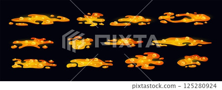 Lava puddle. Volcanic magma liquid with bubbles, 2d video game vfx effect molten metal or gold foundry volcano hell magic gaming fire splash drip cartoon swanky vector illustration 125280924
