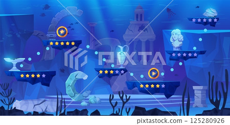 Atlantis game level. Underwater lost civilization video gaming map gui score interface, sunken ancient city ruins undersea adventure cartoon background, swanky vector illustration 125280926