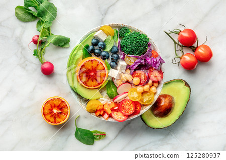 Buddha Bowl. Rainbow salad. Vegan poke bowl with avocado. Healthy food 125280937