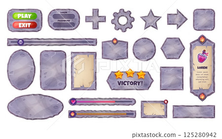 Stone game interface. Square circle rocks ui tablets buttons, stones texture menu frame gui board medieval rpg fantasy game app 2d cartoon rock plate set swanky vector illustration Stone game interface. Square circle rocks ui tablets buttons, stones texture menu frame gui board medieval rpg fantasy game app 2d cartoon rock plate set swanky vector illustration 125280942