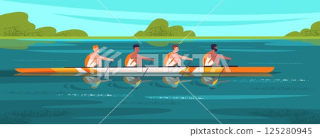 Rowing sport team. Rowers teamwork in kayak canoe boat row paddles together river race regatta competition, business cooperation concept kayakers group classy vector illustration 125280945