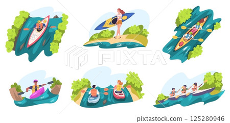 People kayaking sport. River rafting, kayakers in kayak canoe boats rowing with paddle on lake water extreme active hobby canoeing summer fun adventure, classy vector illustration 125280946