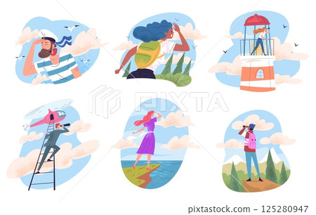 People look into future. Curiosity person looking horizon, man spyglass telescope explore distance goals on tomorrow leader vision perspective discovery, classy vector illustration People look into future. Curiosity person looking horizon, man spyglass telescope explore distance goals on tomorrow leader vision perspective discovery, classy vector illustration 125280947