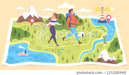 Hikers route. Couple hikers walk on map, hike expedition mountain trail road guide explore nature landscape travel journey trekking trip tourist path, classy vector illustration Hikers route. Couple hikers walk on map, hike expedition mountain trail road guide explore nature landscape travel journey trekking trip tourist path, classy vector illustration 125280948