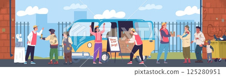 Homeless service. Volunteer community help, humanitarian aid for needy people homeless charity food donation social organization poor poverty supporter classy vector illustration 125280951