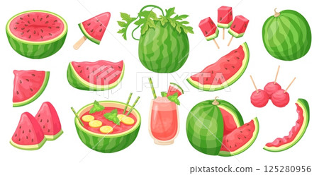 Cartoon watermelon. Water melon summer diet fruit, half watermelons quarter cut or bite slices fresh juice glass healthy food sweet red berry delicious set neat vector illustration 125280956