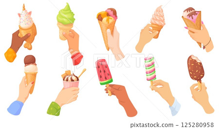 Hands hold ice cream. Woman man hands holding icecream balls in waffle cone or popsicle on stick, frozen cream sweet summer snack food gelato desserts, neat vector illustration 125280958