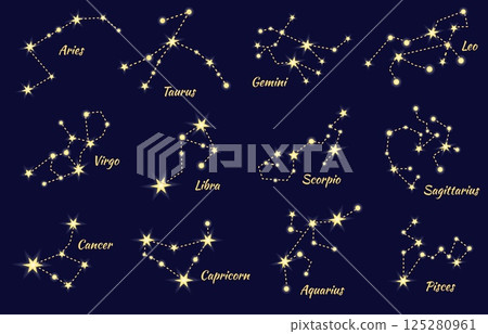 Zodiac star constellations. Sky stars map horoscope astrology astronomy night celestial symbols, aries virgo scorpio libra aquarius sagittarius capricorn neat vector illustration 125280961