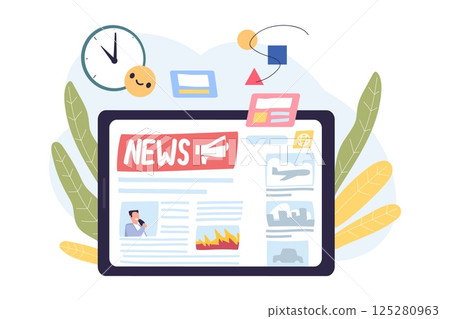 Tablet online news. Social media internet newspaper in computer tab, mobile website digital press daily news content electronic paper monitor device concept vector illustration Tablet online news. Social media internet newspaper in computer tab, mobile website digital press daily news content electronic paper monitor device concept vector illustration 125280963