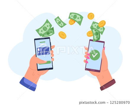 Phone money transfer. Hand hold phone and send cash coins on another smartphone, online payment transaction mobile app receive money internet exchange concept vector illustration 125280970