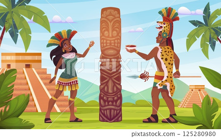 Maya tribe ritual. Mayan aztec inca tribe dance at teotihuacan pyramid building, ancient history mexico culture mexican or native american indian man, swanky vector illustration 125280980