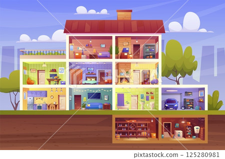 House cross section. Home room cutaway view inside interior efficient apartment furniture construction design, kitchen boiler cellar bathroom building, swanky vector illustration 125280981