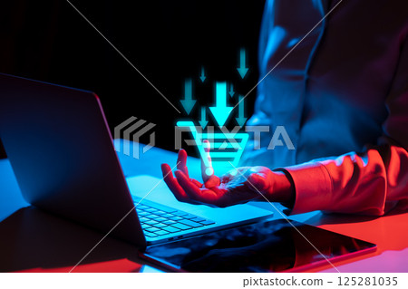 Businessperson showing shopping cart icon. Technology innovation on a virtual screen. Concept of E-commerce, online shopping, and digital online marketing for commerce sales Businessperson showing shopping cart icon. Technology innovation on a virtual screen. Concept of E-commerce, online shopping, and digital online marketing for commerce sales 125281035