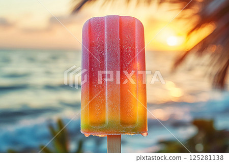Popsicle with rainbow colors on a long stick on a summer background. Summer fun. Retro style. 125281138
