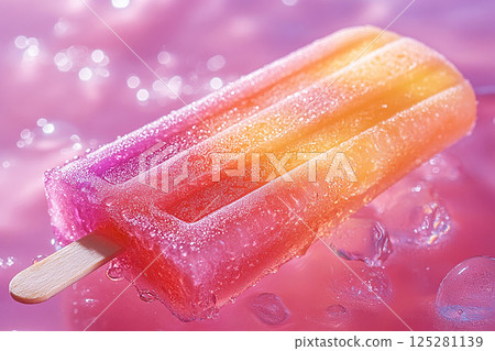 Popsicle with rainbow colors on a long stick on a summer background. Summer fun. Retro style. 125281139