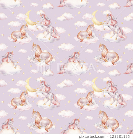 Seamless watercolor pattern with Unicorn and yellow stars, and clouds. Hand drawn Illustrations of background for nursery wallpaper, baby decor, textiles, or children paper. Pastel colors pony Seamless watercolor pattern with Unicorn and yellow stars, and clouds. Hand drawn Illustrations of background for nursery wallpaper, baby decor, textiles, or children paper. Pastel colors pony 125281155