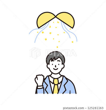 A simple illustration of a smiling high school boy posing in a fist pump and a balloon A simple illustration of a smiling high school boy posing in a fist pump and a balloon 125281163