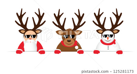 funny christmas cartoon with cute reindeer santa claus and snowman with sunglasses and antler vector illustration 125281173