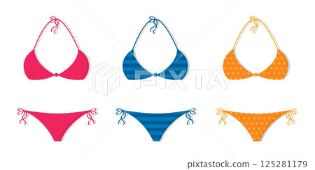 three bikinis with different patterns isolated vector illustration 125281179
