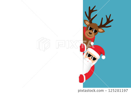 cool santa and deer with sunglasses christmas cartoon white banner for copy space vector illustration cool santa and deer with sunglasses christmas cartoon white banner for copy space vector illustration 125281197