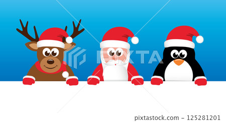 cute deer santa and penguin cartoon with big eyes vector illustration 125281201