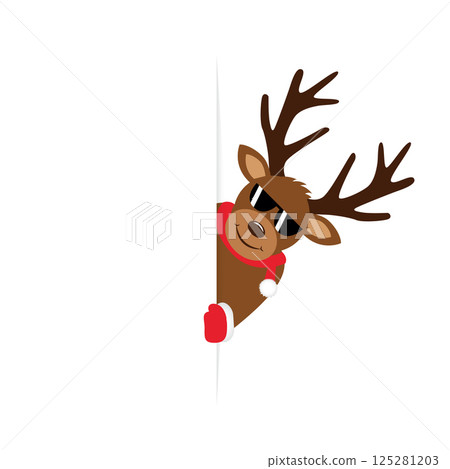cute deer with sunglasses looks around the corner christmas design vector illustration 125281203