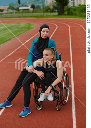A Muslim woman wearing a burqa resting with a woman with disability after a hard training session on the marathon course A Muslim woman wearing a burqa resting with a woman with disability after a hard training session on the marathon course 125281463