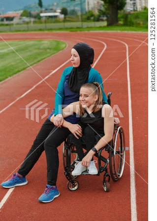 A Muslim woman wearing a burqa resting with a woman with disability after a hard training session on the marathon course 125281564
