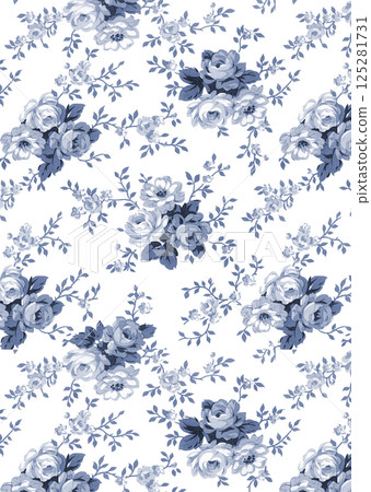 無縫藍玫瑰花卉圖案[手繪]白色背景，透明背景 125281731