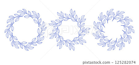 Mediterranean blue branches circle frame set. Hand drawn round line border, leaves and flowers, wedding invitation and cards, logo design and posters template. Elegant minimal style floral set 125282074